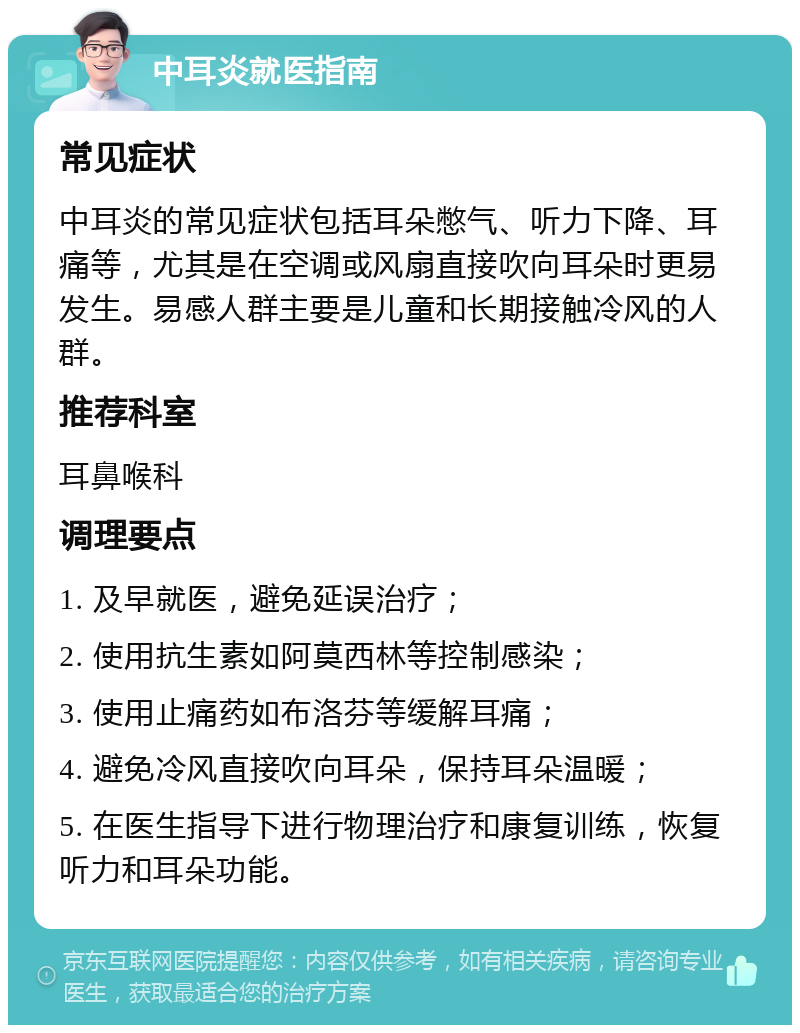 中耳炎就医指南 常见症状 中耳炎的常见症状包括耳朵憋气、听力下降、耳痛等，尤其是在空调或风扇直接吹向耳朵时更易发生。易感人群主要是儿童和长期接触冷风的人群。 推荐科室 耳鼻喉科 调理要点 1. 及早就医，避免延误治疗； 2. 使用抗生素如阿莫西林等控制感染； 3. 使用止痛药如布洛芬等缓解耳痛； 4. 避免冷风直接吹向耳朵，保持耳朵温暖； 5. 在医生指导下进行物理治疗和康复训练，恢复听力和耳朵功能。