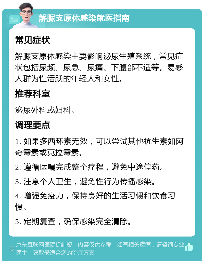 解脲支原体感染就医指南 常见症状 解脲支原体感染主要影响泌尿生殖系统，常见症状包括尿频、尿急、尿痛、下腹部不适等。易感人群为性活跃的年轻人和女性。 推荐科室 泌尿外科或妇科。 调理要点 1. 如果多西环素无效，可以尝试其他抗生素如阿奇霉素或克拉霉素。 2. 遵循医嘱完成整个疗程，避免中途停药。 3. 注意个人卫生，避免性行为传播感染。 4. 增强免疫力，保持良好的生活习惯和饮食习惯。 5. 定期复查，确保感染完全清除。