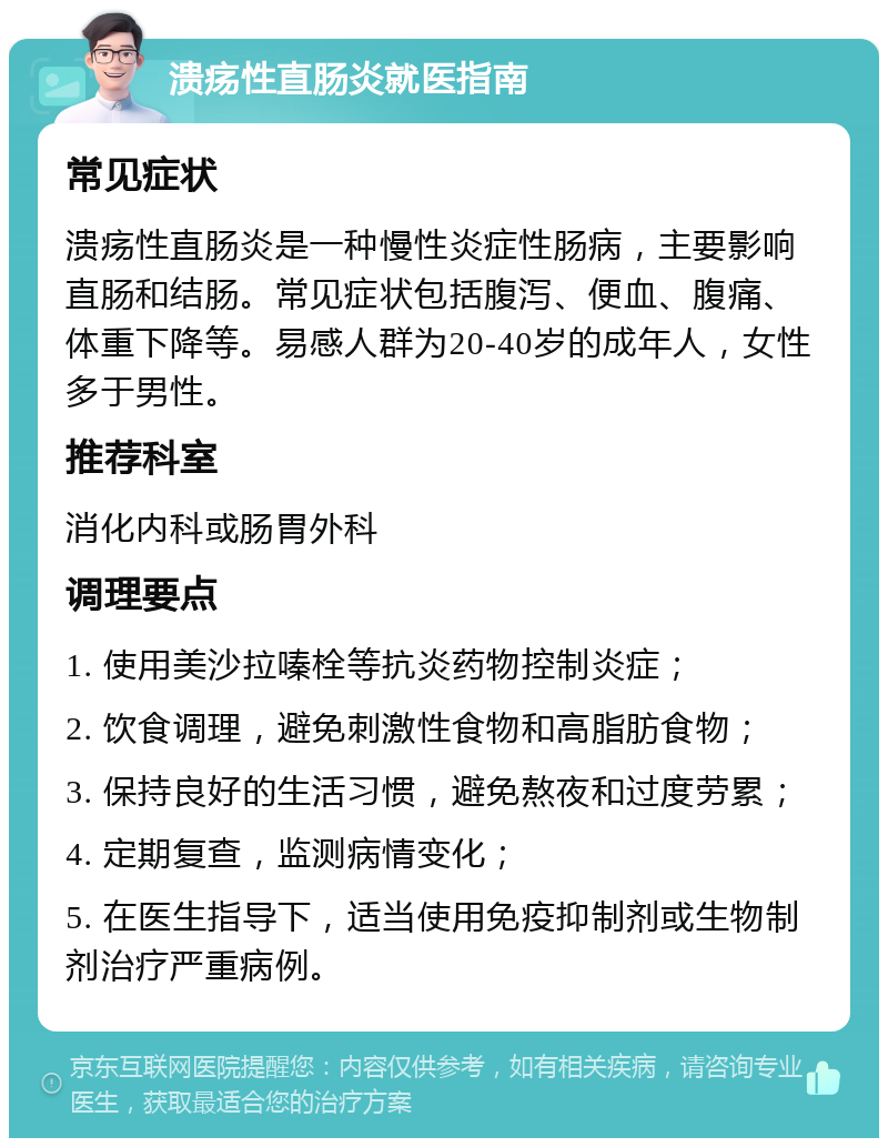 溃疡性直肠炎就医指南 常见症状 溃疡性直肠炎是一种慢性炎症性肠病，主要影响直肠和结肠。常见症状包括腹泻、便血、腹痛、体重下降等。易感人群为20-40岁的成年人，女性多于男性。 推荐科室 消化内科或肠胃外科 调理要点 1. 使用美沙拉嗪栓等抗炎药物控制炎症； 2. 饮食调理，避免刺激性食物和高脂肪食物； 3. 保持良好的生活习惯，避免熬夜和过度劳累； 4. 定期复查，监测病情变化； 5. 在医生指导下，适当使用免疫抑制剂或生物制剂治疗严重病例。