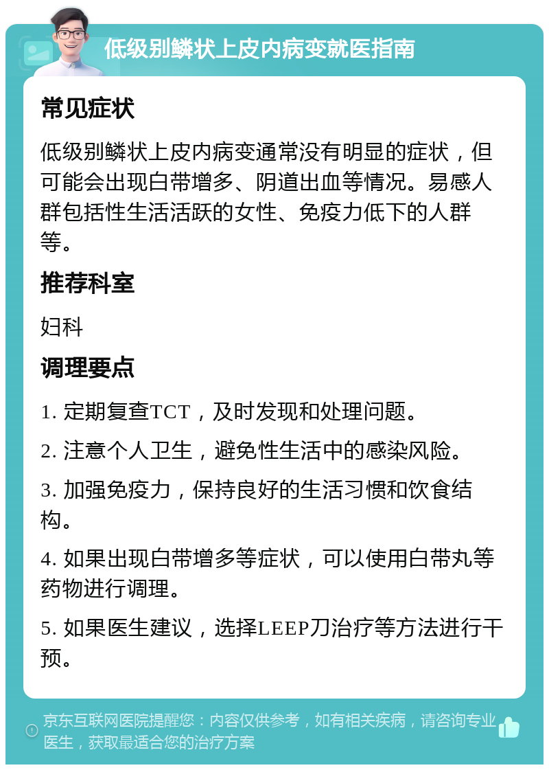 低级别鳞状上皮内病变就医指南 常见症状 低级别鳞状上皮内病变通常没有明显的症状，但可能会出现白带增多、阴道出血等情况。易感人群包括性生活活跃的女性、免疫力低下的人群等。 推荐科室 妇科 调理要点 1. 定期复查TCT，及时发现和处理问题。 2. 注意个人卫生，避免性生活中的感染风险。 3. 加强免疫力，保持良好的生活习惯和饮食结构。 4. 如果出现白带增多等症状，可以使用白带丸等药物进行调理。 5. 如果医生建议，选择LEEP刀治疗等方法进行干预。