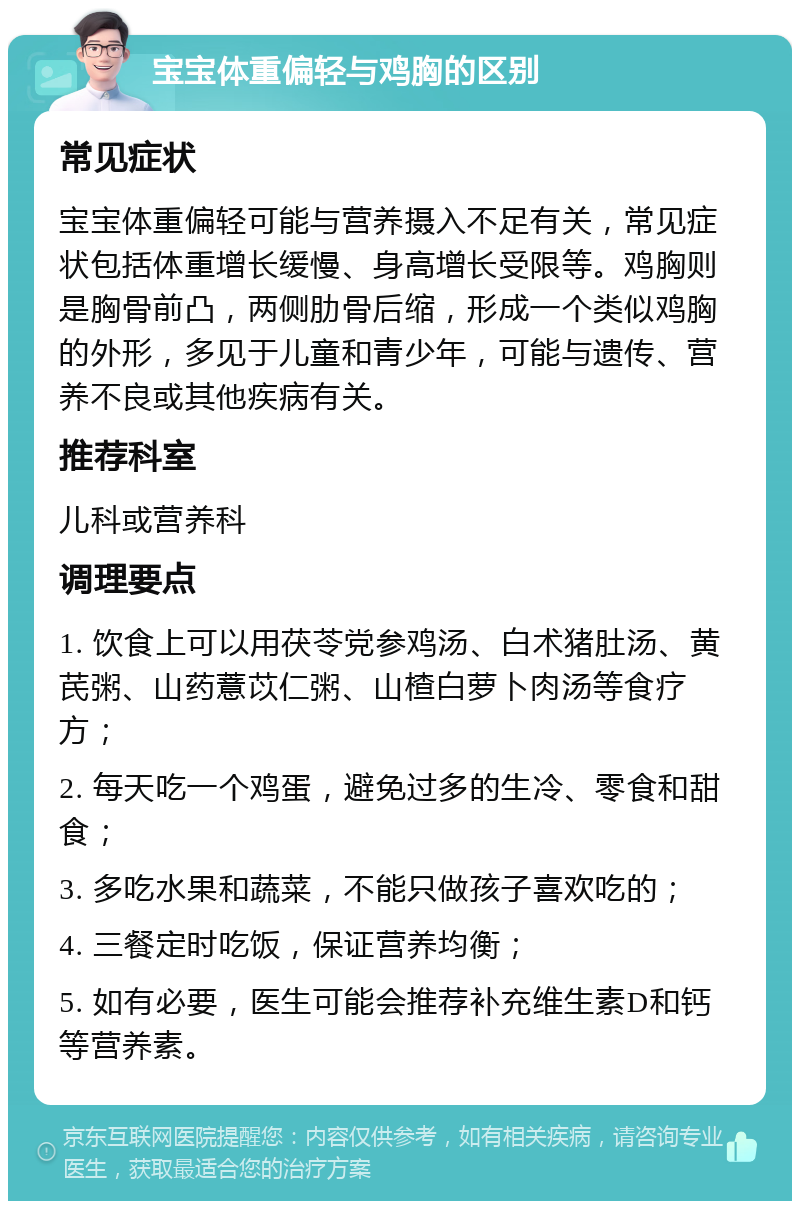 宝宝体重偏轻与鸡胸的区别 常见症状 宝宝体重偏轻可能与营养摄入不足有关，常见症状包括体重增长缓慢、身高增长受限等。鸡胸则是胸骨前凸，两侧肋骨后缩，形成一个类似鸡胸的外形，多见于儿童和青少年，可能与遗传、营养不良或其他疾病有关。 推荐科室 儿科或营养科 调理要点 1. 饮食上可以用茯苓党参鸡汤、白术猪肚汤、黄芪粥、山药薏苡仁粥、山楂白萝卜肉汤等食疗方； 2. 每天吃一个鸡蛋，避免过多的生冷、零食和甜食； 3. 多吃水果和蔬菜，不能只做孩子喜欢吃的； 4. 三餐定时吃饭，保证营养均衡； 5. 如有必要，医生可能会推荐补充维生素D和钙等营养素。