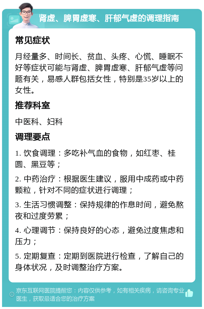 肾虚、脾胃虚寒、肝郁气虚的调理指南 常见症状 月经量多、时间长、贫血、头疼、心慌、睡眠不好等症状可能与肾虚、脾胃虚寒、肝郁气虚等问题有关，易感人群包括女性，特别是35岁以上的女性。 推荐科室 中医科、妇科 调理要点 1. 饮食调理：多吃补气血的食物，如红枣、桂圆、黑豆等； 2. 中药治疗：根据医生建议，服用中成药或中药颗粒，针对不同的症状进行调理； 3. 生活习惯调整：保持规律的作息时间，避免熬夜和过度劳累； 4. 心理调节：保持良好的心态，避免过度焦虑和压力； 5. 定期复查：定期到医院进行检查，了解自己的身体状况，及时调整治疗方案。