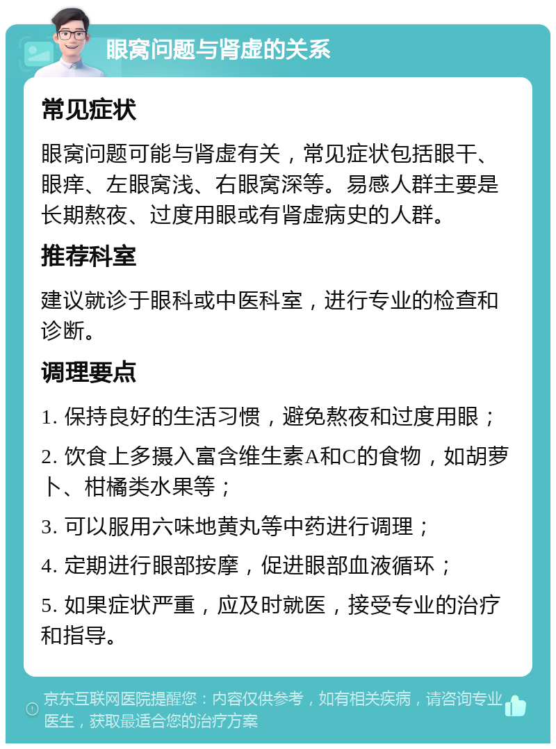 眼窝问题与肾虚的关系 常见症状 眼窝问题可能与肾虚有关，常见症状包括眼干、眼痒、左眼窝浅、右眼窝深等。易感人群主要是长期熬夜、过度用眼或有肾虚病史的人群。 推荐科室 建议就诊于眼科或中医科室，进行专业的检查和诊断。 调理要点 1. 保持良好的生活习惯，避免熬夜和过度用眼； 2. 饮食上多摄入富含维生素A和C的食物，如胡萝卜、柑橘类水果等； 3. 可以服用六味地黄丸等中药进行调理； 4. 定期进行眼部按摩，促进眼部血液循环； 5. 如果症状严重，应及时就医，接受专业的治疗和指导。