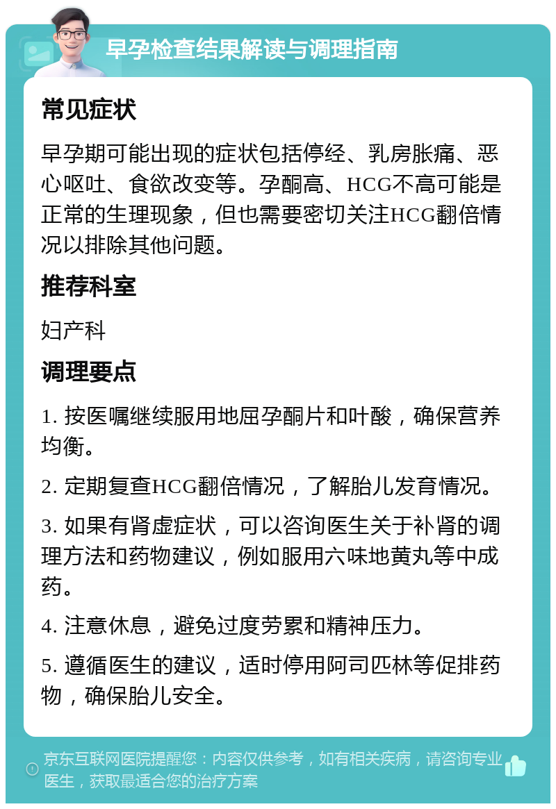 早孕检查结果解读与调理指南 常见症状 早孕期可能出现的症状包括停经、乳房胀痛、恶心呕吐、食欲改变等。孕酮高、HCG不高可能是正常的生理现象，但也需要密切关注HCG翻倍情况以排除其他问题。 推荐科室 妇产科 调理要点 1. 按医嘱继续服用地屈孕酮片和叶酸，确保营养均衡。 2. 定期复查HCG翻倍情况，了解胎儿发育情况。 3. 如果有肾虚症状，可以咨询医生关于补肾的调理方法和药物建议，例如服用六味地黄丸等中成药。 4. 注意休息，避免过度劳累和精神压力。 5. 遵循医生的建议，适时停用阿司匹林等促排药物，确保胎儿安全。