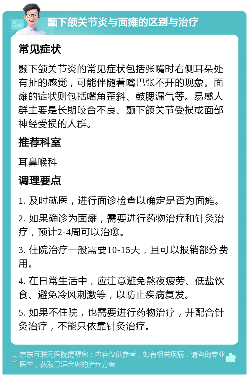 颞下颌关节炎与面瘫的区别与治疗 常见症状 颞下颌关节炎的常见症状包括张嘴时右侧耳朵处有扯的感觉，可能伴随着嘴巴张不开的现象。面瘫的症状则包括嘴角歪斜、鼓腮漏气等。易感人群主要是长期咬合不良、颞下颌关节受损或面部神经受损的人群。 推荐科室 耳鼻喉科 调理要点 1. 及时就医，进行面诊检查以确定是否为面瘫。 2. 如果确诊为面瘫，需要进行药物治疗和针灸治疗，预计2-4周可以治愈。 3. 住院治疗一般需要10-15天，且可以报销部分费用。 4. 在日常生活中，应注意避免熬夜疲劳、低盐饮食、避免冷风刺激等，以防止疾病复发。 5. 如果不住院，也需要进行药物治疗，并配合针灸治疗，不能只依靠针灸治疗。