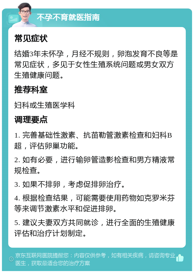 不孕不育就医指南 常见症状 结婚3年未怀孕，月经不规则，卵泡发育不良等是常见症状，多见于女性生殖系统问题或男女双方生殖健康问题。 推荐科室 妇科或生殖医学科 调理要点 1. 完善基础性激素、抗苗勒管激素检查和妇科B超，评估卵巢功能。 2. 如有必要，进行输卵管造影检查和男方精液常规检查。 3. 如果不排卵，考虑促排卵治疗。 4. 根据检查结果，可能需要使用药物如克罗米芬等来调节激素水平和促进排卵。 5. 建议夫妻双方共同就诊，进行全面的生殖健康评估和治疗计划制定。