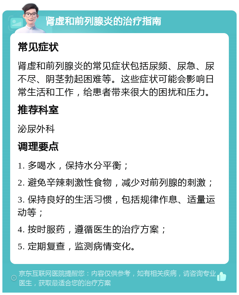 肾虚和前列腺炎的治疗指南 常见症状 肾虚和前列腺炎的常见症状包括尿频、尿急、尿不尽、阴茎勃起困难等。这些症状可能会影响日常生活和工作，给患者带来很大的困扰和压力。 推荐科室 泌尿外科 调理要点 1. 多喝水，保持水分平衡； 2. 避免辛辣刺激性食物，减少对前列腺的刺激； 3. 保持良好的生活习惯，包括规律作息、适量运动等； 4. 按时服药，遵循医生的治疗方案； 5. 定期复查，监测病情变化。