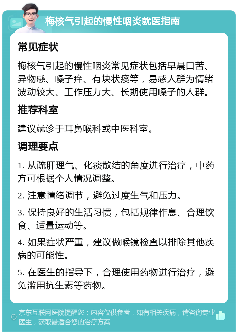 梅核气引起的慢性咽炎就医指南 常见症状 梅核气引起的慢性咽炎常见症状包括早晨口苦、异物感、嗓子痒、有块状痰等，易感人群为情绪波动较大、工作压力大、长期使用嗓子的人群。 推荐科室 建议就诊于耳鼻喉科或中医科室。 调理要点 1. 从疏肝理气、化痰散结的角度进行治疗，中药方可根据个人情况调整。 2. 注意情绪调节，避免过度生气和压力。 3. 保持良好的生活习惯，包括规律作息、合理饮食、适量运动等。 4. 如果症状严重，建议做喉镜检查以排除其他疾病的可能性。 5. 在医生的指导下，合理使用药物进行治疗，避免滥用抗生素等药物。