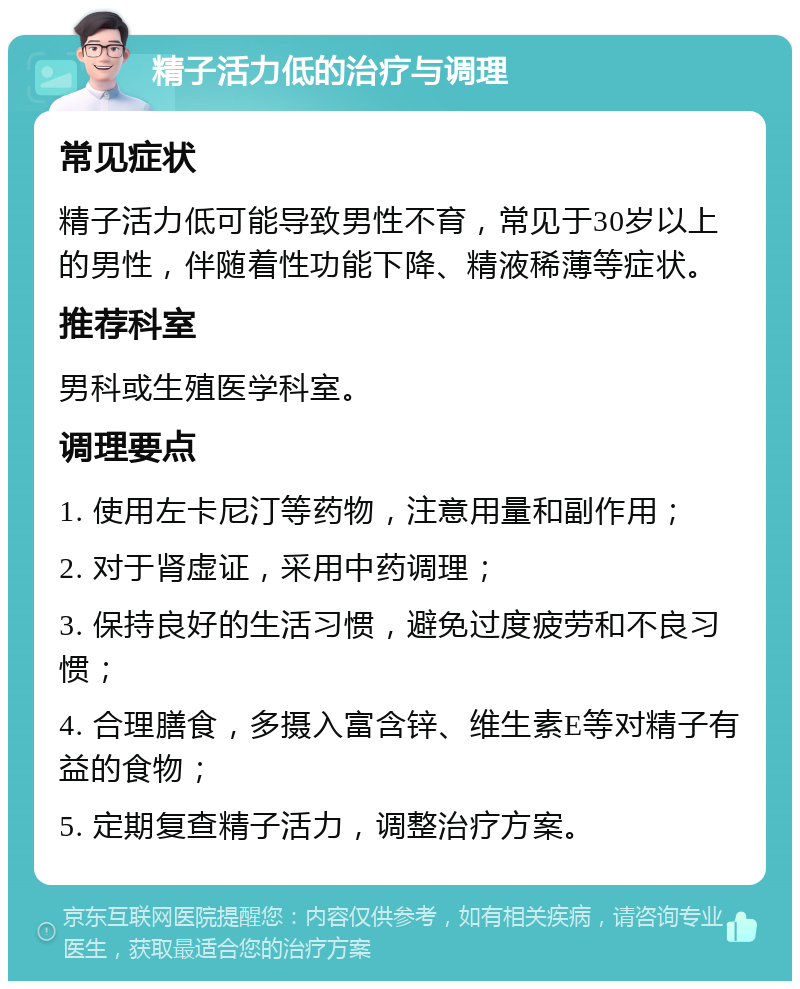 精子活力低的治疗与调理 常见症状 精子活力低可能导致男性不育，常见于30岁以上的男性，伴随着性功能下降、精液稀薄等症状。 推荐科室 男科或生殖医学科室。 调理要点 1. 使用左卡尼汀等药物，注意用量和副作用； 2. 对于肾虚证，采用中药调理； 3. 保持良好的生活习惯，避免过度疲劳和不良习惯； 4. 合理膳食，多摄入富含锌、维生素E等对精子有益的食物； 5. 定期复查精子活力，调整治疗方案。