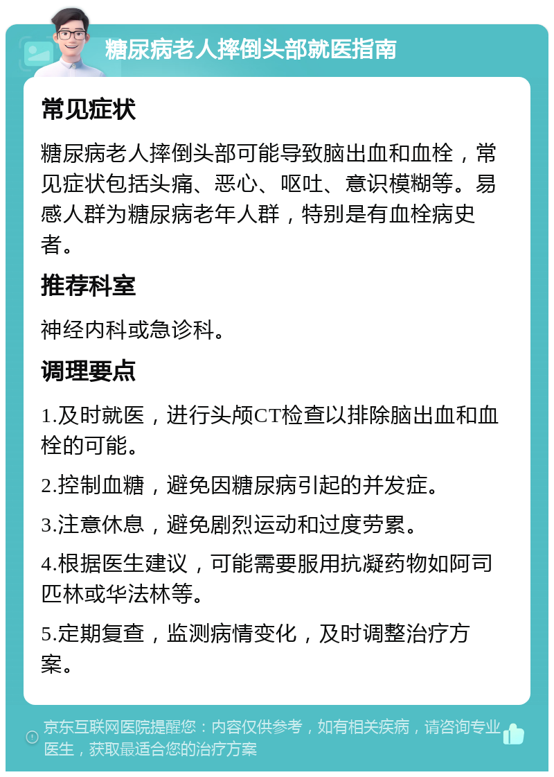 糖尿病老人摔倒头部就医指南 常见症状 糖尿病老人摔倒头部可能导致脑出血和血栓，常见症状包括头痛、恶心、呕吐、意识模糊等。易感人群为糖尿病老年人群，特别是有血栓病史者。 推荐科室 神经内科或急诊科。 调理要点 1.及时就医，进行头颅CT检查以排除脑出血和血栓的可能。 2.控制血糖，避免因糖尿病引起的并发症。 3.注意休息，避免剧烈运动和过度劳累。 4.根据医生建议，可能需要服用抗凝药物如阿司匹林或华法林等。 5.定期复查，监测病情变化，及时调整治疗方案。