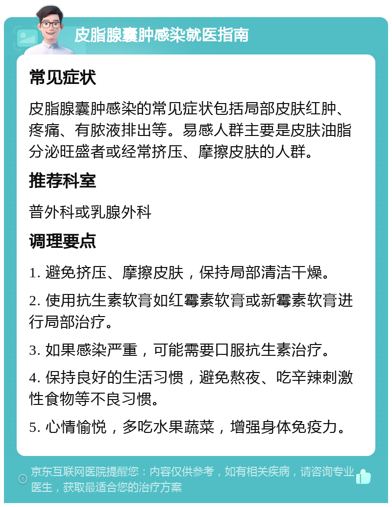 皮脂腺囊肿感染就医指南 常见症状 皮脂腺囊肿感染的常见症状包括局部皮肤红肿、疼痛、有脓液排出等。易感人群主要是皮肤油脂分泌旺盛者或经常挤压、摩擦皮肤的人群。 推荐科室 普外科或乳腺外科 调理要点 1. 避免挤压、摩擦皮肤，保持局部清洁干燥。 2. 使用抗生素软膏如红霉素软膏或新霉素软膏进行局部治疗。 3. 如果感染严重，可能需要口服抗生素治疗。 4. 保持良好的生活习惯，避免熬夜、吃辛辣刺激性食物等不良习惯。 5. 心情愉悦，多吃水果蔬菜，增强身体免疫力。