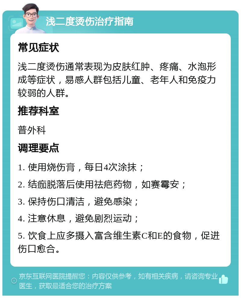 浅二度烫伤治疗指南 常见症状 浅二度烫伤通常表现为皮肤红肿、疼痛、水泡形成等症状，易感人群包括儿童、老年人和免疫力较弱的人群。 推荐科室 普外科 调理要点 1. 使用烧伤膏，每日4次涂抹； 2. 结痂脱落后使用祛疤药物，如赛霉安； 3. 保持伤口清洁，避免感染； 4. 注意休息，避免剧烈运动； 5. 饮食上应多摄入富含维生素C和E的食物，促进伤口愈合。