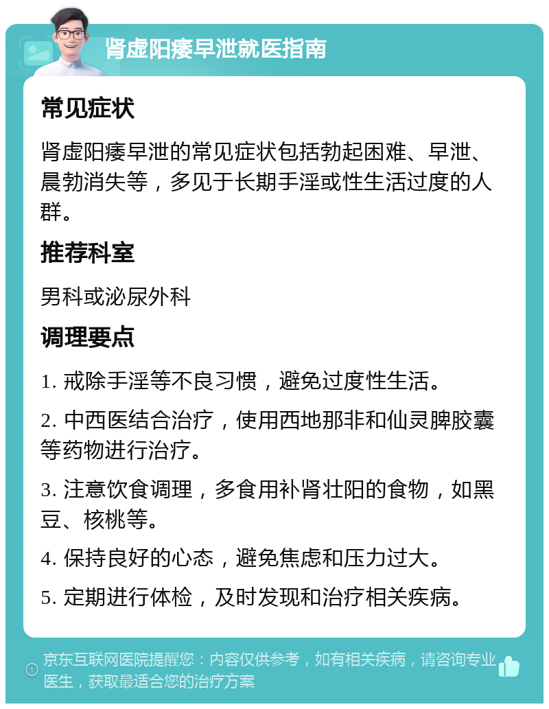 肾虚阳痿早泄就医指南 常见症状 肾虚阳痿早泄的常见症状包括勃起困难、早泄、晨勃消失等，多见于长期手淫或性生活过度的人群。 推荐科室 男科或泌尿外科 调理要点 1. 戒除手淫等不良习惯，避免过度性生活。 2. 中西医结合治疗，使用西地那非和仙灵脾胶囊等药物进行治疗。 3. 注意饮食调理，多食用补肾壮阳的食物，如黑豆、核桃等。 4. 保持良好的心态，避免焦虑和压力过大。 5. 定期进行体检，及时发现和治疗相关疾病。