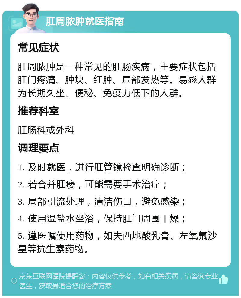 肛周脓肿就医指南 常见症状 肛周脓肿是一种常见的肛肠疾病，主要症状包括肛门疼痛、肿块、红肿、局部发热等。易感人群为长期久坐、便秘、免疫力低下的人群。 推荐科室 肛肠科或外科 调理要点 1. 及时就医，进行肛管镜检查明确诊断； 2. 若合并肛瘘，可能需要手术治疗； 3. 局部引流处理，清洁伤口，避免感染； 4. 使用温盐水坐浴，保持肛门周围干燥； 5. 遵医嘱使用药物，如夫西地酸乳膏、左氧氟沙星等抗生素药物。