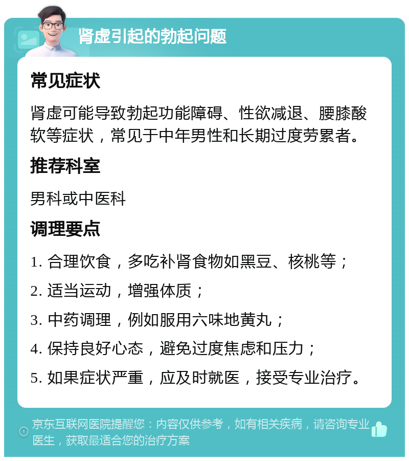 肾虚引起的勃起问题 常见症状 肾虚可能导致勃起功能障碍、性欲减退、腰膝酸软等症状，常见于中年男性和长期过度劳累者。 推荐科室 男科或中医科 调理要点 1. 合理饮食，多吃补肾食物如黑豆、核桃等； 2. 适当运动，增强体质； 3. 中药调理，例如服用六味地黄丸； 4. 保持良好心态，避免过度焦虑和压力； 5. 如果症状严重，应及时就医，接受专业治疗。