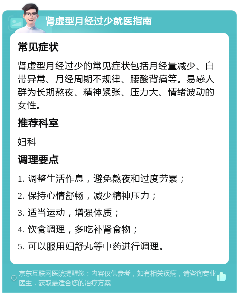 肾虚型月经过少就医指南 常见症状 肾虚型月经过少的常见症状包括月经量减少、白带异常、月经周期不规律、腰酸背痛等。易感人群为长期熬夜、精神紧张、压力大、情绪波动的女性。 推荐科室 妇科 调理要点 1. 调整生活作息，避免熬夜和过度劳累； 2. 保持心情舒畅，减少精神压力； 3. 适当运动，增强体质； 4. 饮食调理，多吃补肾食物； 5. 可以服用妇舒丸等中药进行调理。