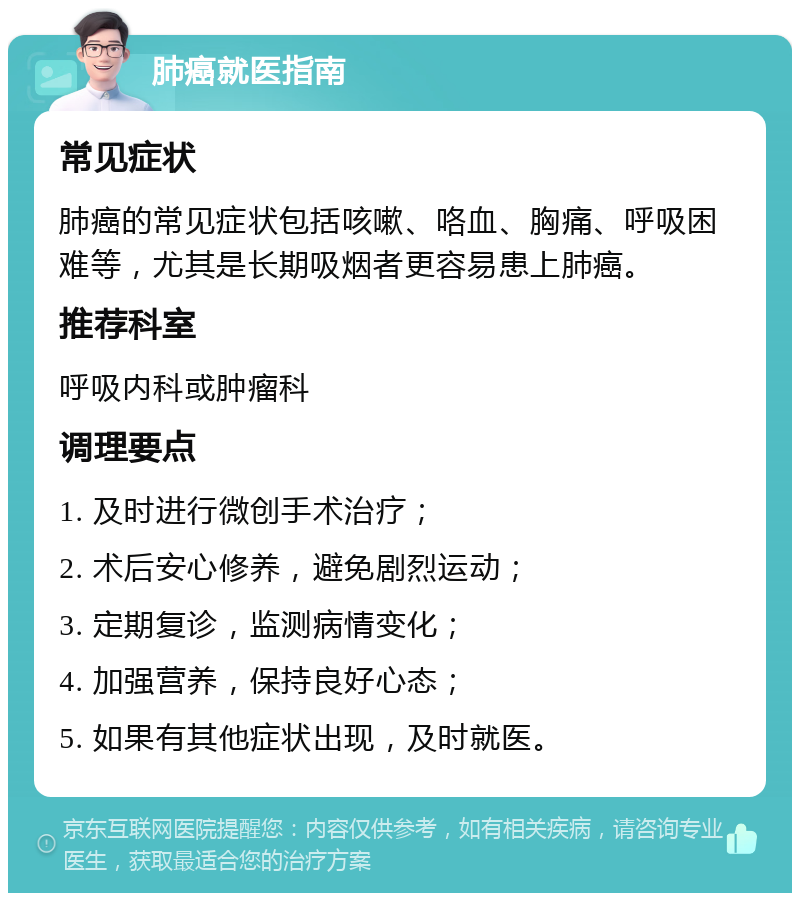 肺癌就医指南 常见症状 肺癌的常见症状包括咳嗽、咯血、胸痛、呼吸困难等，尤其是长期吸烟者更容易患上肺癌。 推荐科室 呼吸内科或肿瘤科 调理要点 1. 及时进行微创手术治疗； 2. 术后安心修养，避免剧烈运动； 3. 定期复诊，监测病情变化； 4. 加强营养，保持良好心态； 5. 如果有其他症状出现，及时就医。