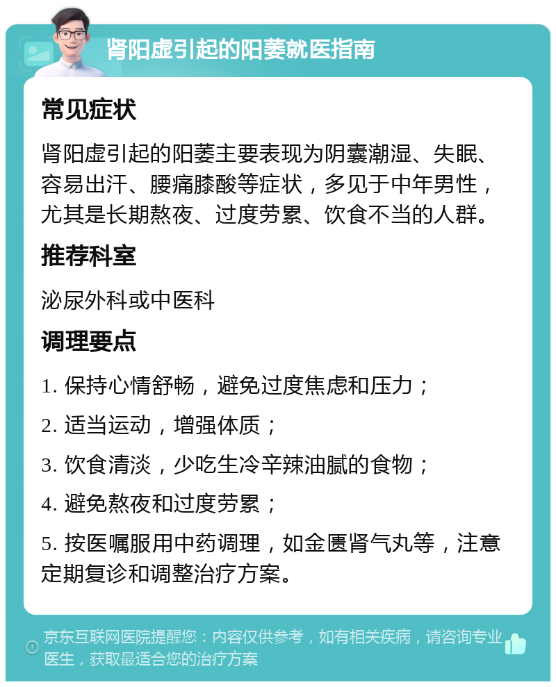 肾阳虚引起的阳萎就医指南 常见症状 肾阳虚引起的阳萎主要表现为阴囊潮湿、失眠、容易出汗、腰痛膝酸等症状，多见于中年男性，尤其是长期熬夜、过度劳累、饮食不当的人群。 推荐科室 泌尿外科或中医科 调理要点 1. 保持心情舒畅，避免过度焦虑和压力； 2. 适当运动，增强体质； 3. 饮食清淡，少吃生冷辛辣油腻的食物； 4. 避免熬夜和过度劳累； 5. 按医嘱服用中药调理，如金匮肾气丸等，注意定期复诊和调整治疗方案。