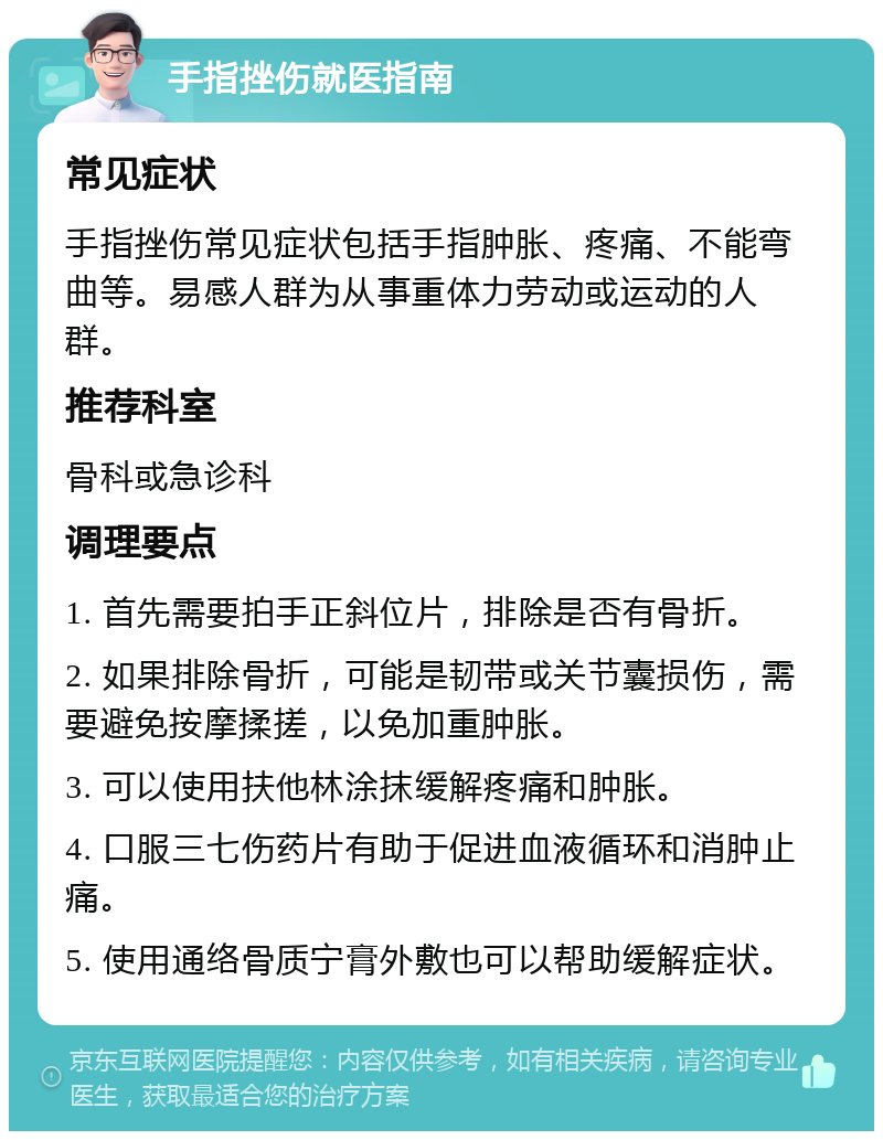 手指挫伤就医指南 常见症状 手指挫伤常见症状包括手指肿胀、疼痛、不能弯曲等。易感人群为从事重体力劳动或运动的人群。 推荐科室 骨科或急诊科 调理要点 1. 首先需要拍手正斜位片，排除是否有骨折。 2. 如果排除骨折，可能是韧带或关节囊损伤，需要避免按摩揉搓，以免加重肿胀。 3. 可以使用扶他林涂抹缓解疼痛和肿胀。 4. 口服三七伤药片有助于促进血液循环和消肿止痛。 5. 使用通络骨质宁膏外敷也可以帮助缓解症状。