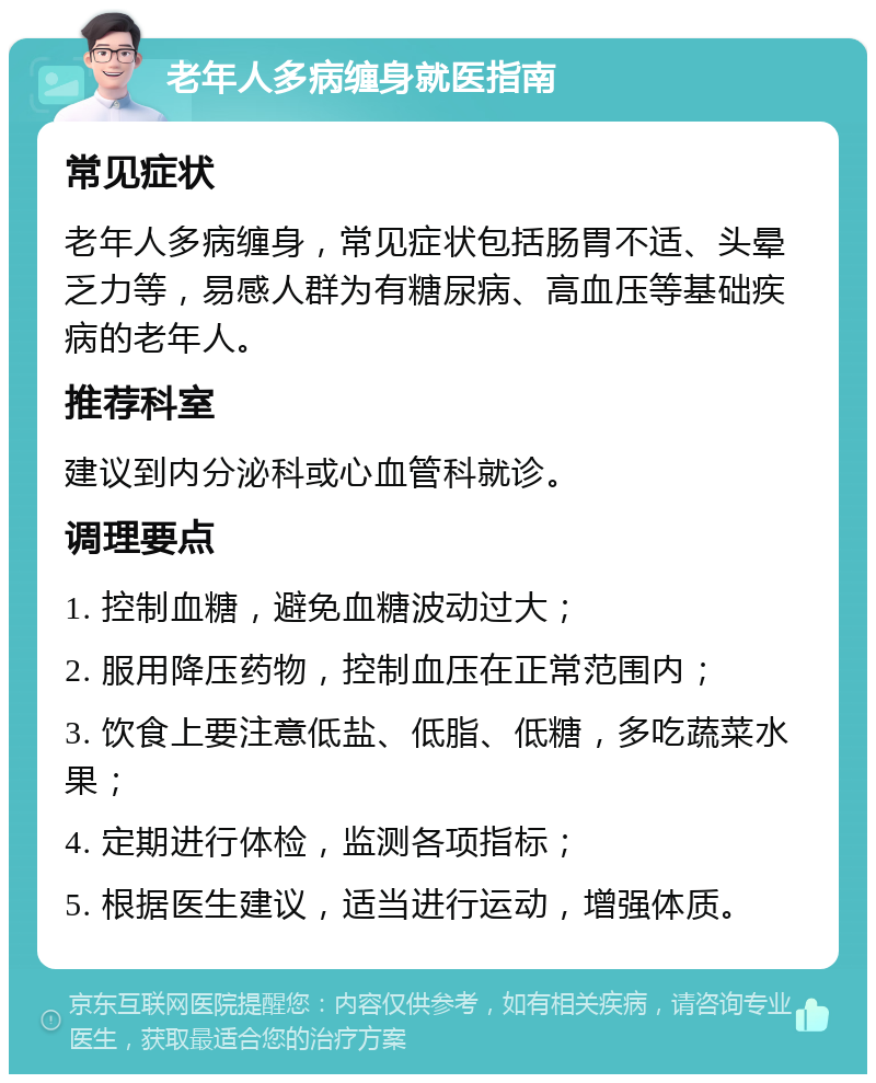 老年人多病缠身就医指南 常见症状 老年人多病缠身，常见症状包括肠胃不适、头晕乏力等，易感人群为有糖尿病、高血压等基础疾病的老年人。 推荐科室 建议到内分泌科或心血管科就诊。 调理要点 1. 控制血糖，避免血糖波动过大； 2. 服用降压药物，控制血压在正常范围内； 3. 饮食上要注意低盐、低脂、低糖，多吃蔬菜水果； 4. 定期进行体检，监测各项指标； 5. 根据医生建议，适当进行运动，增强体质。