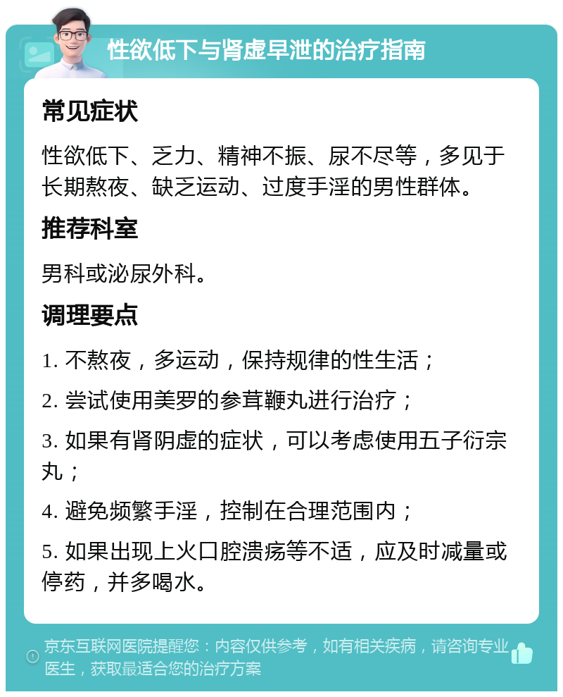 性欲低下与肾虚早泄的治疗指南 常见症状 性欲低下、乏力、精神不振、尿不尽等，多见于长期熬夜、缺乏运动、过度手淫的男性群体。 推荐科室 男科或泌尿外科。 调理要点 1. 不熬夜，多运动，保持规律的性生活； 2. 尝试使用美罗的参茸鞭丸进行治疗； 3. 如果有肾阴虚的症状，可以考虑使用五子衍宗丸； 4. 避免频繁手淫，控制在合理范围内； 5. 如果出现上火口腔溃疡等不适，应及时减量或停药，并多喝水。