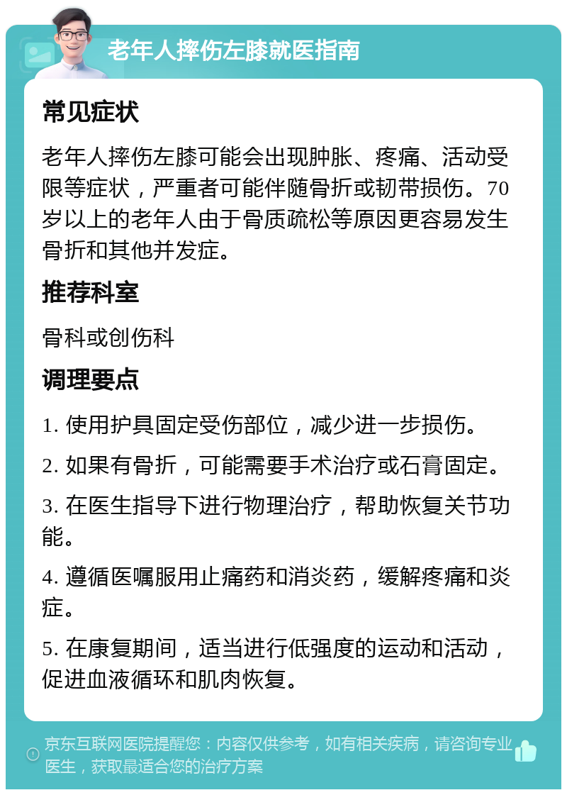 老年人摔伤左膝就医指南 常见症状 老年人摔伤左膝可能会出现肿胀、疼痛、活动受限等症状，严重者可能伴随骨折或韧带损伤。70岁以上的老年人由于骨质疏松等原因更容易发生骨折和其他并发症。 推荐科室 骨科或创伤科 调理要点 1. 使用护具固定受伤部位，减少进一步损伤。 2. 如果有骨折，可能需要手术治疗或石膏固定。 3. 在医生指导下进行物理治疗，帮助恢复关节功能。 4. 遵循医嘱服用止痛药和消炎药，缓解疼痛和炎症。 5. 在康复期间，适当进行低强度的运动和活动，促进血液循环和肌肉恢复。