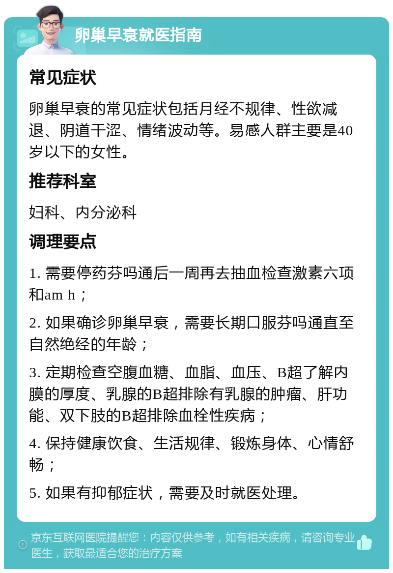 卵巢早衰就医指南 常见症状 卵巢早衰的常见症状包括月经不规律、性欲减退、阴道干涩、情绪波动等。易感人群主要是40岁以下的女性。 推荐科室 妇科、内分泌科 调理要点 1. 需要停药芬吗通后一周再去抽血检查激素六项和am h； 2. 如果确诊卵巢早衰，需要长期口服芬吗通直至自然绝经的年龄； 3. 定期检查空腹血糖、血脂、血压、B超了解内膜的厚度、乳腺的B超排除有乳腺的肿瘤、肝功能、双下肢的B超排除血栓性疾病； 4. 保持健康饮食、生活规律、锻炼身体、心情舒畅； 5. 如果有抑郁症状，需要及时就医处理。