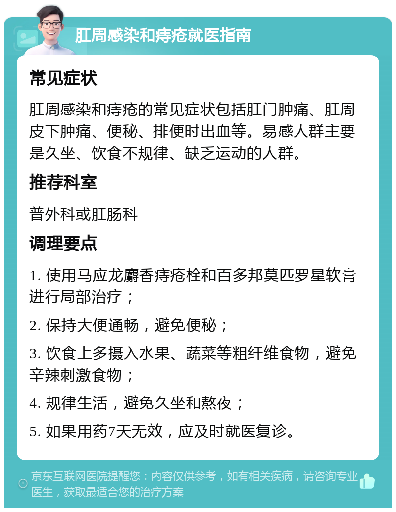 肛周感染和痔疮就医指南 常见症状 肛周感染和痔疮的常见症状包括肛门肿痛、肛周皮下肿痛、便秘、排便时出血等。易感人群主要是久坐、饮食不规律、缺乏运动的人群。 推荐科室 普外科或肛肠科 调理要点 1. 使用马应龙麝香痔疮栓和百多邦莫匹罗星软膏进行局部治疗； 2. 保持大便通畅，避免便秘； 3. 饮食上多摄入水果、蔬菜等粗纤维食物，避免辛辣刺激食物； 4. 规律生活，避免久坐和熬夜； 5. 如果用药7天无效，应及时就医复诊。