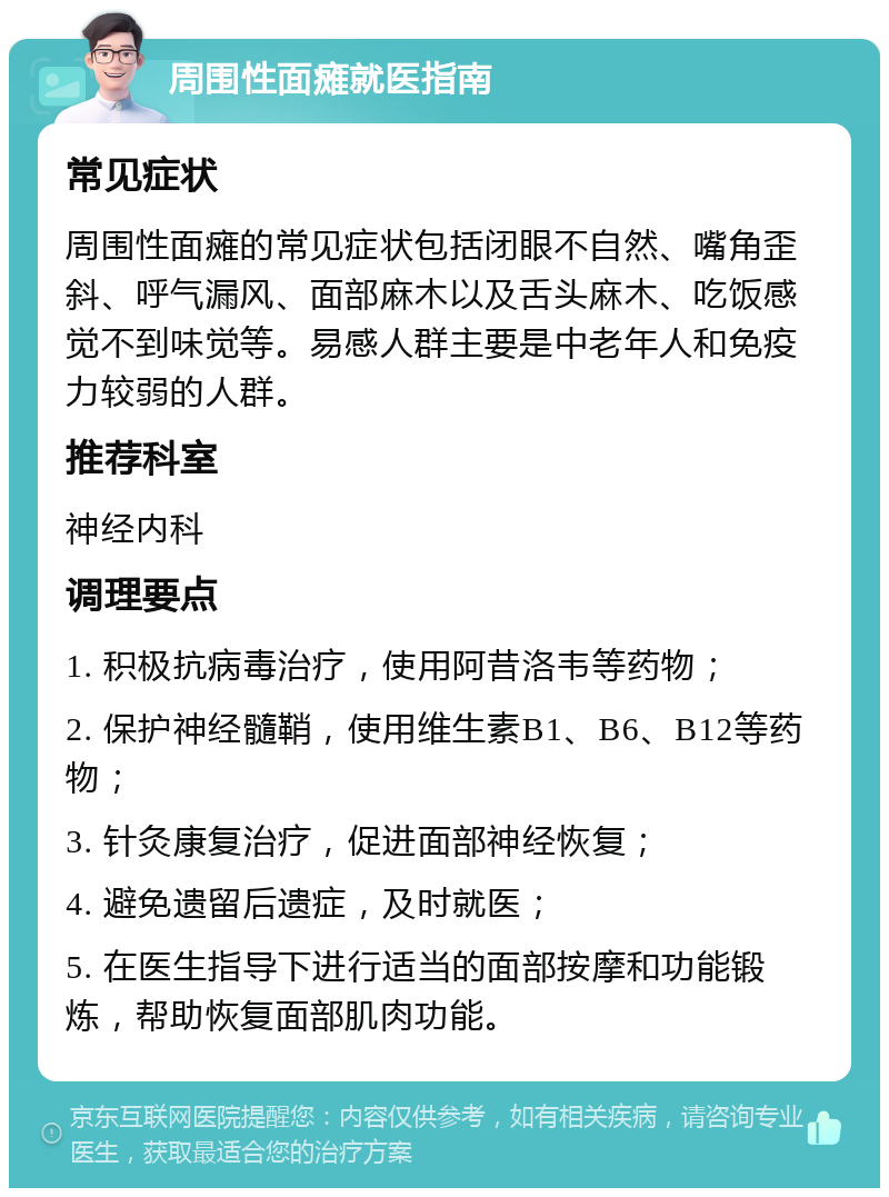 周围性面瘫就医指南 常见症状 周围性面瘫的常见症状包括闭眼不自然、嘴角歪斜、呼气漏风、面部麻木以及舌头麻木、吃饭感觉不到味觉等。易感人群主要是中老年人和免疫力较弱的人群。 推荐科室 神经内科 调理要点 1. 积极抗病毒治疗，使用阿昔洛韦等药物； 2. 保护神经髓鞘，使用维生素B1、B6、B12等药物； 3. 针灸康复治疗，促进面部神经恢复； 4. 避免遗留后遗症，及时就医； 5. 在医生指导下进行适当的面部按摩和功能锻炼，帮助恢复面部肌肉功能。