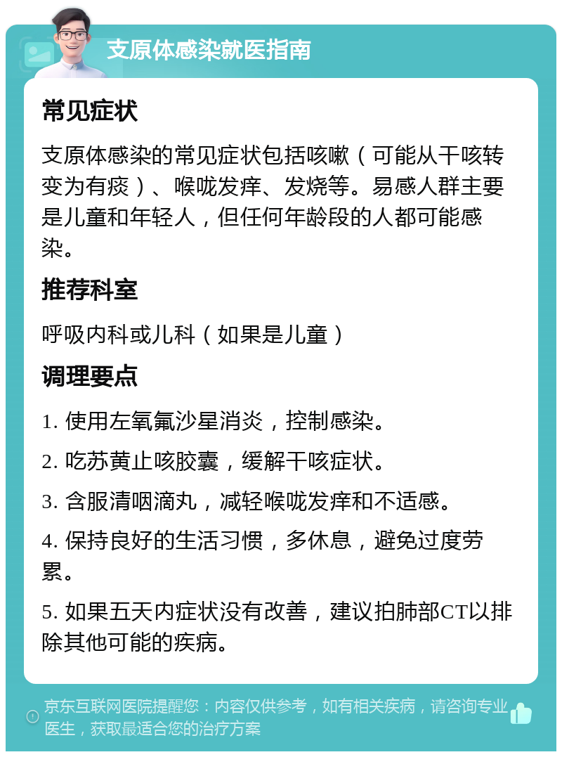 支原体感染就医指南 常见症状 支原体感染的常见症状包括咳嗽（可能从干咳转变为有痰）、喉咙发痒、发烧等。易感人群主要是儿童和年轻人，但任何年龄段的人都可能感染。 推荐科室 呼吸内科或儿科（如果是儿童） 调理要点 1. 使用左氧氟沙星消炎，控制感染。 2. 吃苏黄止咳胶囊，缓解干咳症状。 3. 含服清咽滴丸，减轻喉咙发痒和不适感。 4. 保持良好的生活习惯，多休息，避免过度劳累。 5. 如果五天内症状没有改善，建议拍肺部CT以排除其他可能的疾病。