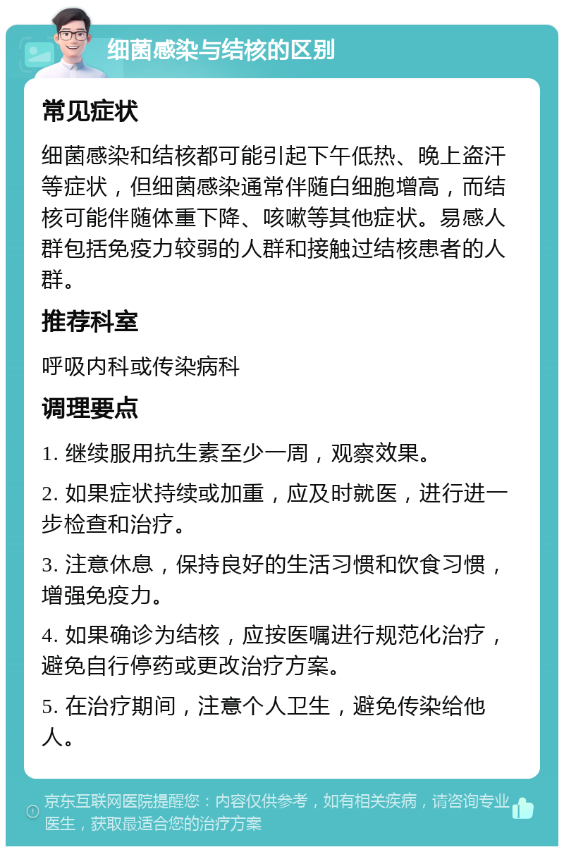 细菌感染与结核的区别 常见症状 细菌感染和结核都可能引起下午低热、晚上盗汗等症状，但细菌感染通常伴随白细胞增高，而结核可能伴随体重下降、咳嗽等其他症状。易感人群包括免疫力较弱的人群和接触过结核患者的人群。 推荐科室 呼吸内科或传染病科 调理要点 1. 继续服用抗生素至少一周，观察效果。 2. 如果症状持续或加重，应及时就医，进行进一步检查和治疗。 3. 注意休息，保持良好的生活习惯和饮食习惯，增强免疫力。 4. 如果确诊为结核，应按医嘱进行规范化治疗，避免自行停药或更改治疗方案。 5. 在治疗期间，注意个人卫生，避免传染给他人。