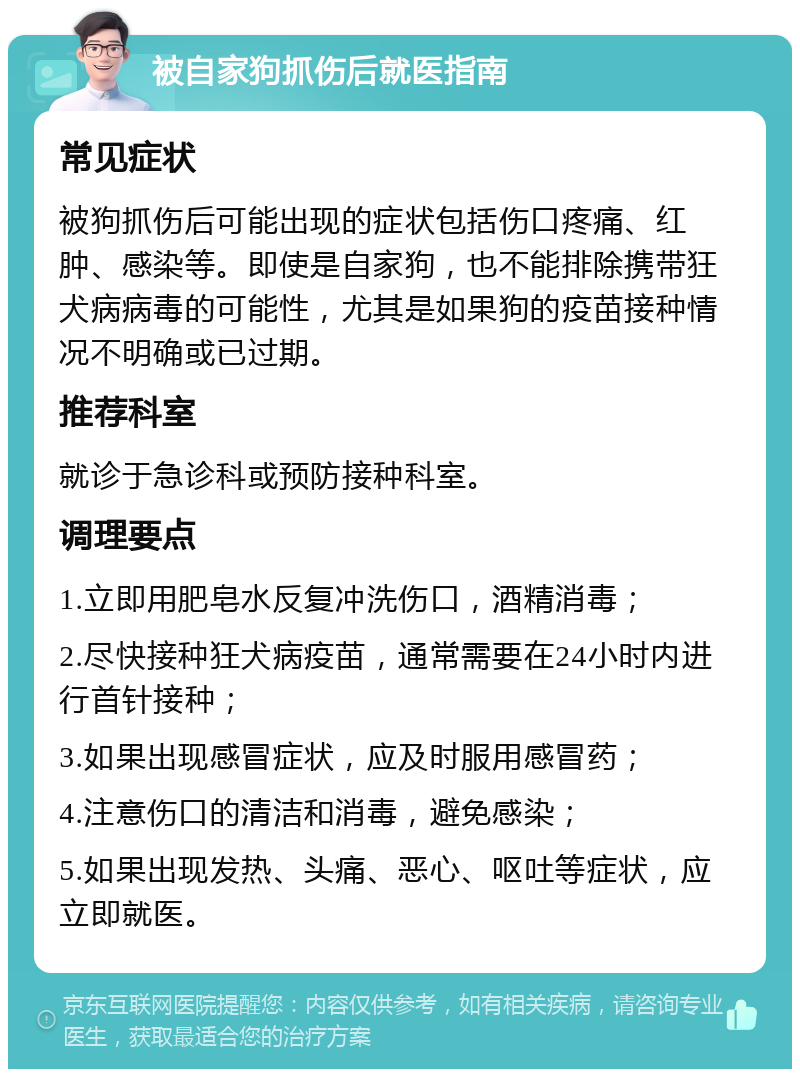 被自家狗抓伤后就医指南 常见症状 被狗抓伤后可能出现的症状包括伤口疼痛、红肿、感染等。即使是自家狗，也不能排除携带狂犬病病毒的可能性，尤其是如果狗的疫苗接种情况不明确或已过期。 推荐科室 就诊于急诊科或预防接种科室。 调理要点 1.立即用肥皂水反复冲洗伤口，酒精消毒； 2.尽快接种狂犬病疫苗，通常需要在24小时内进行首针接种； 3.如果出现感冒症状，应及时服用感冒药； 4.注意伤口的清洁和消毒，避免感染； 5.如果出现发热、头痛、恶心、呕吐等症状，应立即就医。