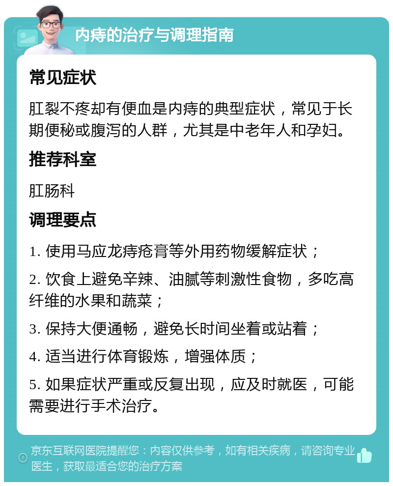 内痔的治疗与调理指南 常见症状 肛裂不疼却有便血是内痔的典型症状，常见于长期便秘或腹泻的人群，尤其是中老年人和孕妇。 推荐科室 肛肠科 调理要点 1. 使用马应龙痔疮膏等外用药物缓解症状； 2. 饮食上避免辛辣、油腻等刺激性食物，多吃高纤维的水果和蔬菜； 3. 保持大便通畅，避免长时间坐着或站着； 4. 适当进行体育锻炼，增强体质； 5. 如果症状严重或反复出现，应及时就医，可能需要进行手术治疗。