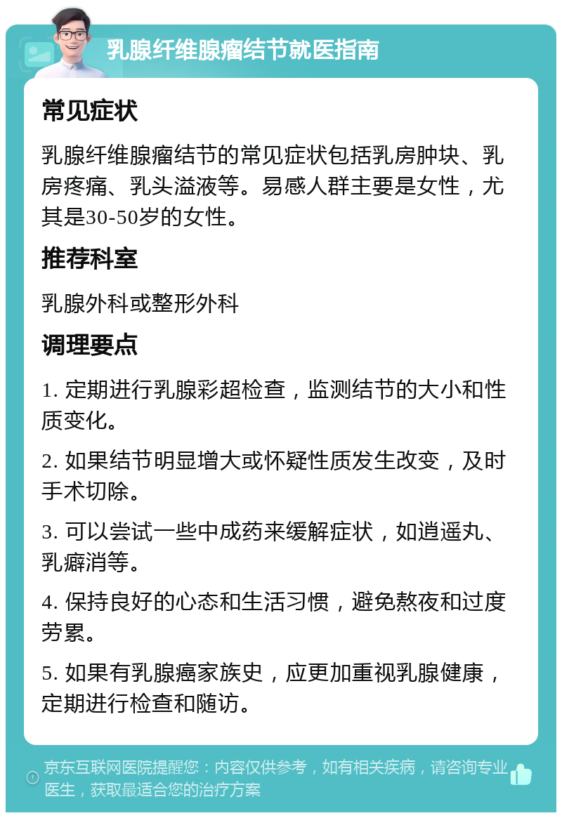 乳腺纤维腺瘤结节就医指南 常见症状 乳腺纤维腺瘤结节的常见症状包括乳房肿块、乳房疼痛、乳头溢液等。易感人群主要是女性，尤其是30-50岁的女性。 推荐科室 乳腺外科或整形外科 调理要点 1. 定期进行乳腺彩超检查，监测结节的大小和性质变化。 2. 如果结节明显增大或怀疑性质发生改变，及时手术切除。 3. 可以尝试一些中成药来缓解症状，如逍遥丸、乳癖消等。 4. 保持良好的心态和生活习惯，避免熬夜和过度劳累。 5. 如果有乳腺癌家族史，应更加重视乳腺健康，定期进行检查和随访。