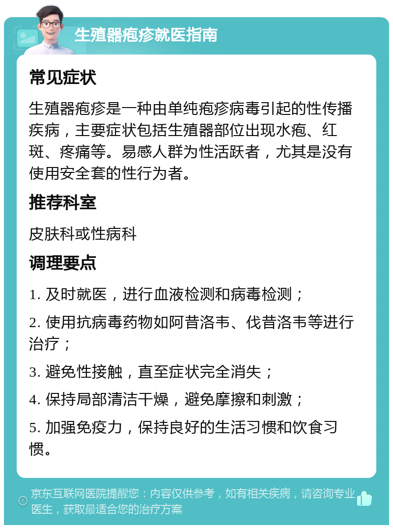 生殖器疱疹就医指南 常见症状 生殖器疱疹是一种由单纯疱疹病毒引起的性传播疾病，主要症状包括生殖器部位出现水疱、红斑、疼痛等。易感人群为性活跃者，尤其是没有使用安全套的性行为者。 推荐科室 皮肤科或性病科 调理要点 1. 及时就医，进行血液检测和病毒检测； 2. 使用抗病毒药物如阿昔洛韦、伐昔洛韦等进行治疗； 3. 避免性接触，直至症状完全消失； 4. 保持局部清洁干燥，避免摩擦和刺激； 5. 加强免疫力，保持良好的生活习惯和饮食习惯。