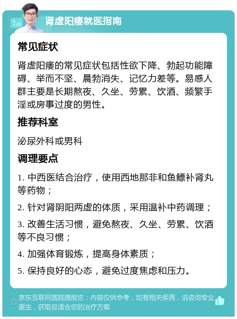 肾虚阳痿就医指南 常见症状 肾虚阳痿的常见症状包括性欲下降、勃起功能障碍、举而不坚、晨勃消失、记忆力差等。易感人群主要是长期熬夜、久坐、劳累、饮酒、频繁手淫或房事过度的男性。 推荐科室 泌尿外科或男科 调理要点 1. 中西医结合治疗，使用西地那非和鱼鳔补肾丸等药物； 2. 针对肾阴阳两虚的体质，采用温补中药调理； 3. 改善生活习惯，避免熬夜、久坐、劳累、饮酒等不良习惯； 4. 加强体育锻炼，提高身体素质； 5. 保持良好的心态，避免过度焦虑和压力。