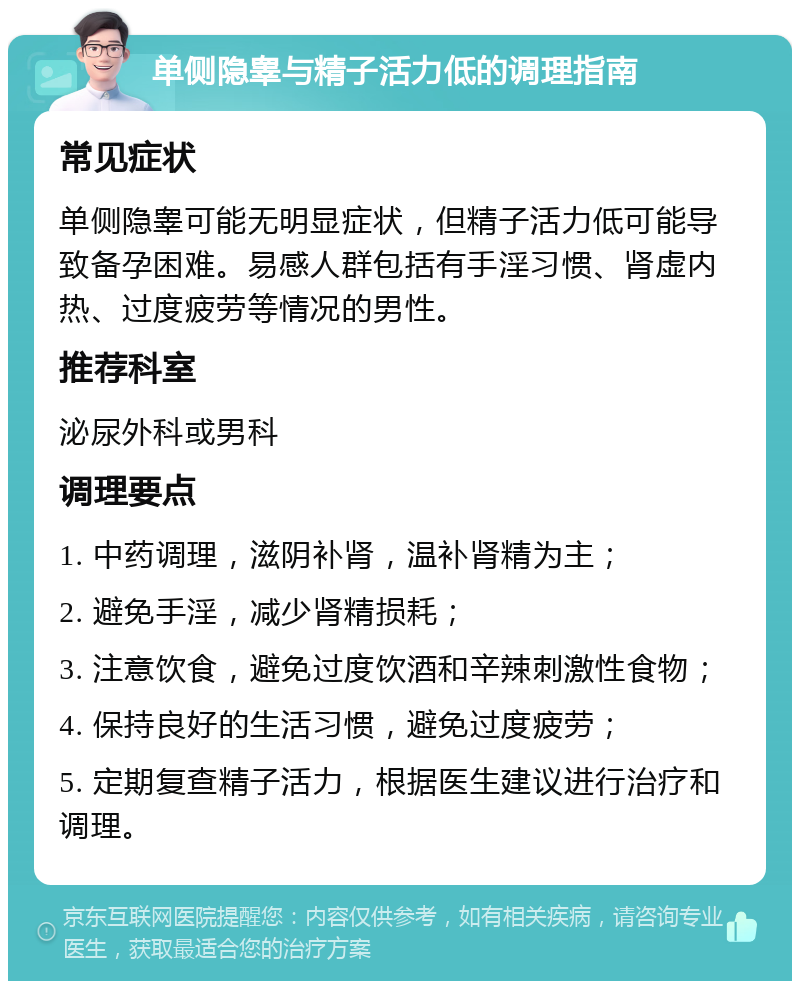 单侧隐睾与精子活力低的调理指南 常见症状 单侧隐睾可能无明显症状，但精子活力低可能导致备孕困难。易感人群包括有手淫习惯、肾虚内热、过度疲劳等情况的男性。 推荐科室 泌尿外科或男科 调理要点 1. 中药调理，滋阴补肾，温补肾精为主； 2. 避免手淫，减少肾精损耗； 3. 注意饮食，避免过度饮酒和辛辣刺激性食物； 4. 保持良好的生活习惯，避免过度疲劳； 5. 定期复查精子活力，根据医生建议进行治疗和调理。