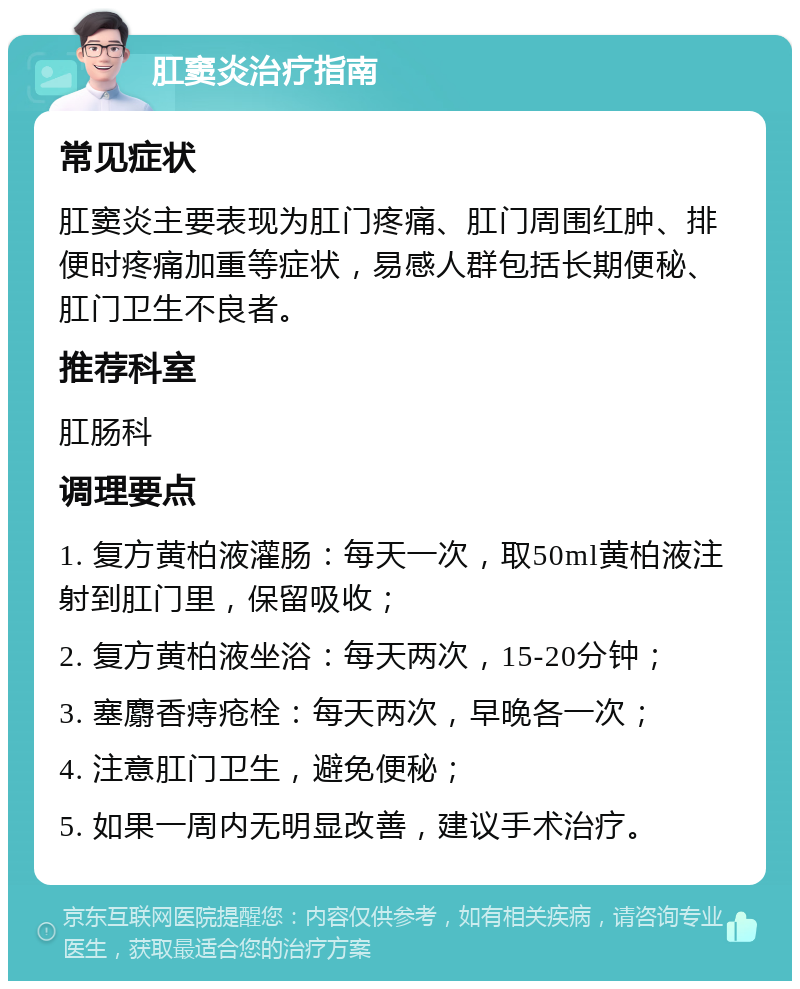 肛窦炎治疗指南 常见症状 肛窦炎主要表现为肛门疼痛、肛门周围红肿、排便时疼痛加重等症状，易感人群包括长期便秘、肛门卫生不良者。 推荐科室 肛肠科 调理要点 1. 复方黄柏液灌肠：每天一次，取50ml黄柏液注射到肛门里，保留吸收； 2. 复方黄柏液坐浴：每天两次，15-20分钟； 3. 塞麝香痔疮栓：每天两次，早晚各一次； 4. 注意肛门卫生，避免便秘； 5. 如果一周内无明显改善，建议手术治疗。