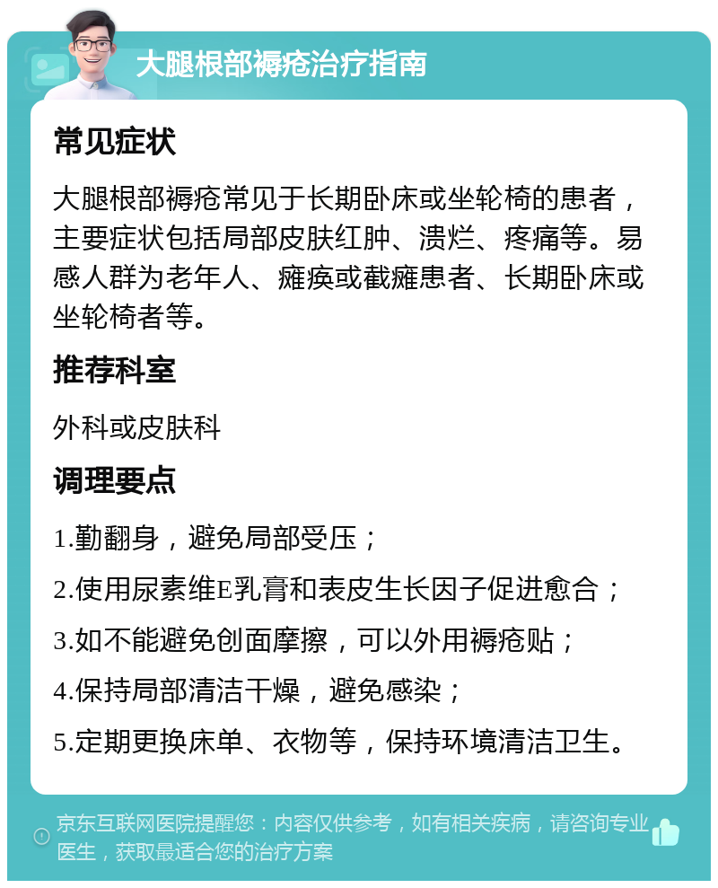 大腿根部褥疮治疗指南 常见症状 大腿根部褥疮常见于长期卧床或坐轮椅的患者，主要症状包括局部皮肤红肿、溃烂、疼痛等。易感人群为老年人、瘫痪或截瘫患者、长期卧床或坐轮椅者等。 推荐科室 外科或皮肤科 调理要点 1.勤翻身，避免局部受压； 2.使用尿素维E乳膏和表皮生长因子促进愈合； 3.如不能避免创面摩擦，可以外用褥疮贴； 4.保持局部清洁干燥，避免感染； 5.定期更换床单、衣物等，保持环境清洁卫生。