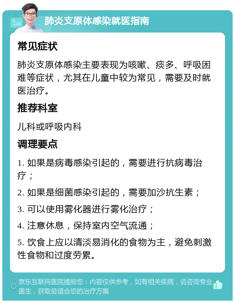 肺炎支原体感染就医指南 常见症状 肺炎支原体感染主要表现为咳嗽、痰多、呼吸困难等症状，尤其在儿童中较为常见，需要及时就医治疗。 推荐科室 儿科或呼吸内科 调理要点 1. 如果是病毒感染引起的，需要进行抗病毒治疗； 2. 如果是细菌感染引起的，需要加沙抗生素； 3. 可以使用雾化器进行雾化治疗； 4. 注意休息，保持室内空气流通； 5. 饮食上应以清淡易消化的食物为主，避免刺激性食物和过度劳累。