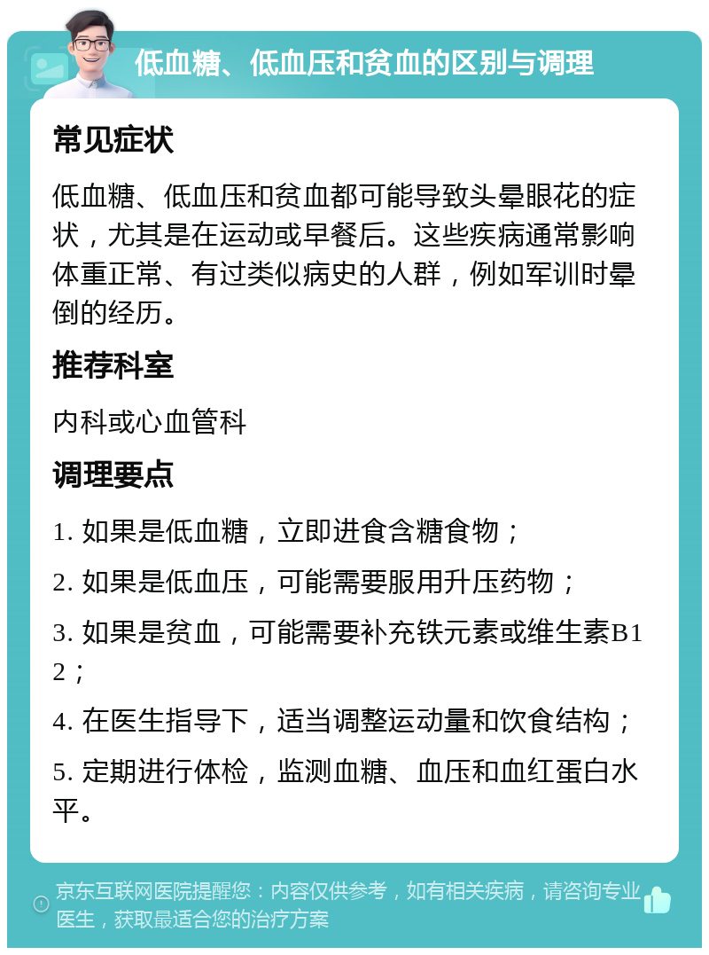 低血糖、低血压和贫血的区别与调理 常见症状 低血糖、低血压和贫血都可能导致头晕眼花的症状，尤其是在运动或早餐后。这些疾病通常影响体重正常、有过类似病史的人群，例如军训时晕倒的经历。 推荐科室 内科或心血管科 调理要点 1. 如果是低血糖，立即进食含糖食物； 2. 如果是低血压，可能需要服用升压药物； 3. 如果是贫血，可能需要补充铁元素或维生素B12； 4. 在医生指导下，适当调整运动量和饮食结构； 5. 定期进行体检，监测血糖、血压和血红蛋白水平。