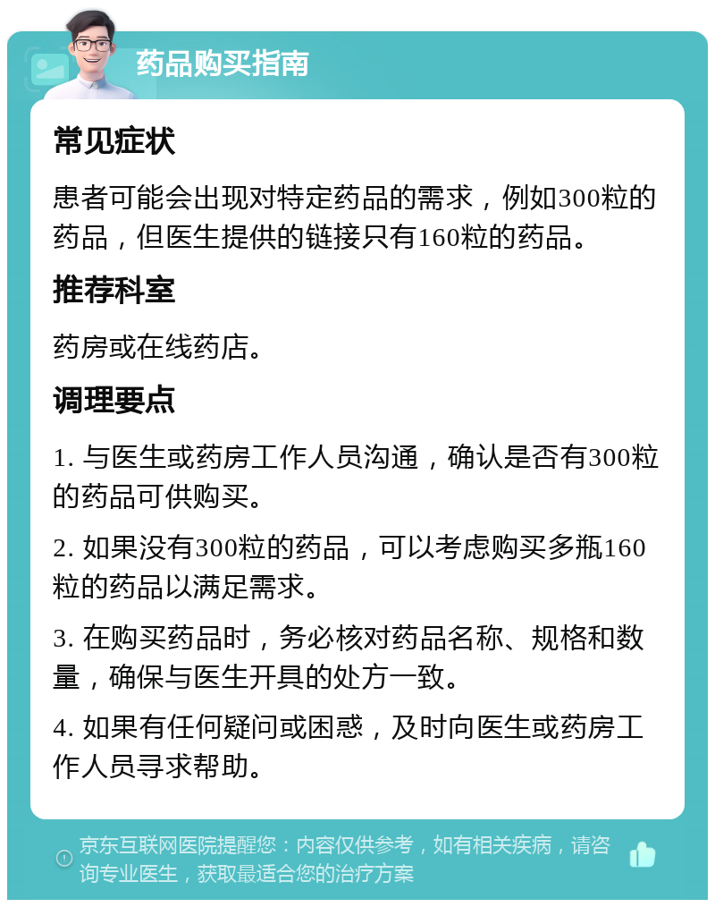 药品购买指南 常见症状 患者可能会出现对特定药品的需求，例如300粒的药品，但医生提供的链接只有160粒的药品。 推荐科室 药房或在线药店。 调理要点 1. 与医生或药房工作人员沟通，确认是否有300粒的药品可供购买。 2. 如果没有300粒的药品，可以考虑购买多瓶160粒的药品以满足需求。 3. 在购买药品时，务必核对药品名称、规格和数量，确保与医生开具的处方一致。 4. 如果有任何疑问或困惑，及时向医生或药房工作人员寻求帮助。