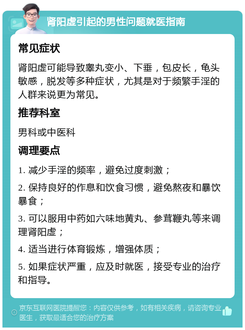 肾阳虚引起的男性问题就医指南 常见症状 肾阳虚可能导致睾丸变小、下垂，包皮长，龟头敏感，脱发等多种症状，尤其是对于频繁手淫的人群来说更为常见。 推荐科室 男科或中医科 调理要点 1. 减少手淫的频率，避免过度刺激； 2. 保持良好的作息和饮食习惯，避免熬夜和暴饮暴食； 3. 可以服用中药如六味地黄丸、参茸鞭丸等来调理肾阳虚； 4. 适当进行体育锻炼，增强体质； 5. 如果症状严重，应及时就医，接受专业的治疗和指导。