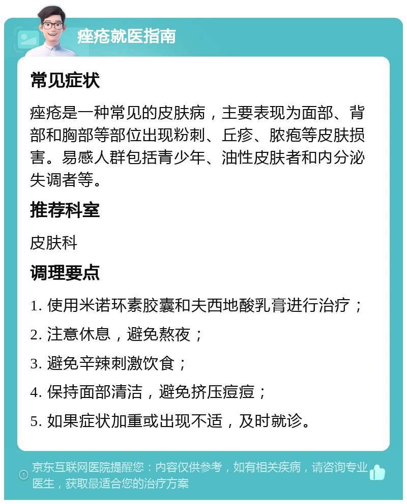 痤疮就医指南 常见症状 痤疮是一种常见的皮肤病，主要表现为面部、背部和胸部等部位出现粉刺、丘疹、脓疱等皮肤损害。易感人群包括青少年、油性皮肤者和内分泌失调者等。 推荐科室 皮肤科 调理要点 1. 使用米诺环素胶囊和夫西地酸乳膏进行治疗； 2. 注意休息，避免熬夜； 3. 避免辛辣刺激饮食； 4. 保持面部清洁，避免挤压痘痘； 5. 如果症状加重或出现不适，及时就诊。