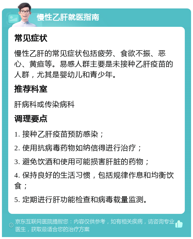 慢性乙肝就医指南 常见症状 慢性乙肝的常见症状包括疲劳、食欲不振、恶心、黄疸等。易感人群主要是未接种乙肝疫苗的人群，尤其是婴幼儿和青少年。 推荐科室 肝病科或传染病科 调理要点 1. 接种乙肝疫苗预防感染； 2. 使用抗病毒药物如纳信得进行治疗； 3. 避免饮酒和使用可能损害肝脏的药物； 4. 保持良好的生活习惯，包括规律作息和均衡饮食； 5. 定期进行肝功能检查和病毒载量监测。