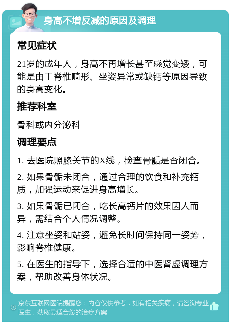 身高不增反减的原因及调理 常见症状 21岁的成年人，身高不再增长甚至感觉变矮，可能是由于脊椎畸形、坐姿异常或缺钙等原因导致的身高变化。 推荐科室 骨科或内分泌科 调理要点 1. 去医院照膝关节的X线，检查骨骺是否闭合。 2. 如果骨骺未闭合，通过合理的饮食和补充钙质，加强运动来促进身高增长。 3. 如果骨骺已闭合，吃长高钙片的效果因人而异，需结合个人情况调整。 4. 注意坐姿和站姿，避免长时间保持同一姿势，影响脊椎健康。 5. 在医生的指导下，选择合适的中医肾虚调理方案，帮助改善身体状况。