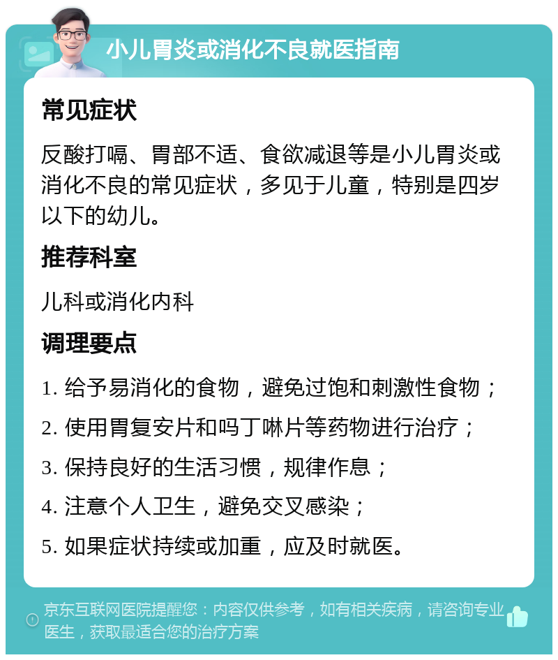 小儿胃炎或消化不良就医指南 常见症状 反酸打嗝、胃部不适、食欲减退等是小儿胃炎或消化不良的常见症状，多见于儿童，特别是四岁以下的幼儿。 推荐科室 儿科或消化内科 调理要点 1. 给予易消化的食物，避免过饱和刺激性食物； 2. 使用胃复安片和吗丁啉片等药物进行治疗； 3. 保持良好的生活习惯，规律作息； 4. 注意个人卫生，避免交叉感染； 5. 如果症状持续或加重，应及时就医。