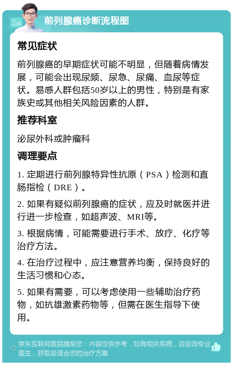 前列腺癌诊断流程图 常见症状 前列腺癌的早期症状可能不明显，但随着病情发展，可能会出现尿频、尿急、尿痛、血尿等症状。易感人群包括50岁以上的男性，特别是有家族史或其他相关风险因素的人群。 推荐科室 泌尿外科或肿瘤科 调理要点 1. 定期进行前列腺特异性抗原（PSA）检测和直肠指检（DRE）。 2. 如果有疑似前列腺癌的症状，应及时就医并进行进一步检查，如超声波、MRI等。 3. 根据病情，可能需要进行手术、放疗、化疗等治疗方法。 4. 在治疗过程中，应注意营养均衡，保持良好的生活习惯和心态。 5. 如果有需要，可以考虑使用一些辅助治疗药物，如抗雄激素药物等，但需在医生指导下使用。