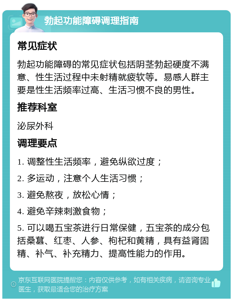 勃起功能障碍调理指南 常见症状 勃起功能障碍的常见症状包括阴茎勃起硬度不满意、性生活过程中未射精就疲软等。易感人群主要是性生活频率过高、生活习惯不良的男性。 推荐科室 泌尿外科 调理要点 1. 调整性生活频率，避免纵欲过度； 2. 多运动，注意个人生活习惯； 3. 避免熬夜，放松心情； 4. 避免辛辣刺激食物； 5. 可以喝五宝茶进行日常保健，五宝茶的成分包括桑葚、红枣、人参、枸杞和黄精，具有益肾固精、补气、补充精力、提高性能力的作用。