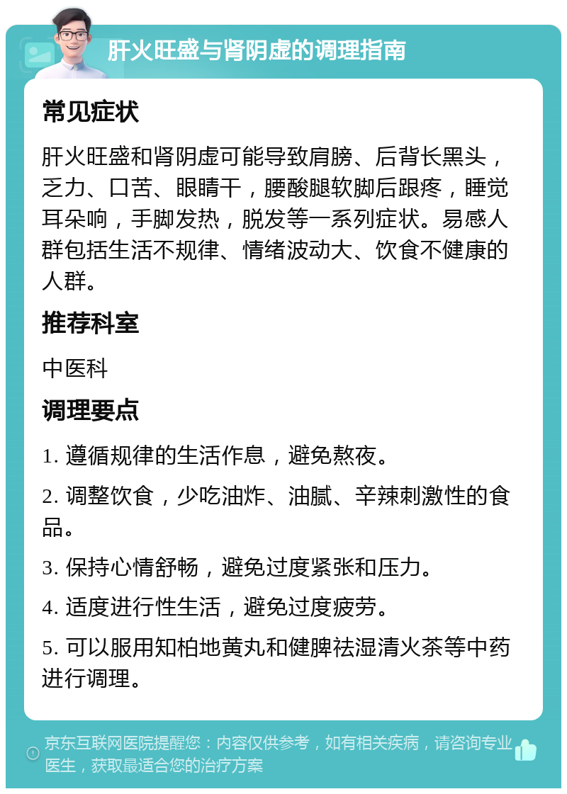 肝火旺盛与肾阴虚的调理指南 常见症状 肝火旺盛和肾阴虚可能导致肩膀、后背长黑头，乏力、口苦、眼睛干，腰酸腿软脚后跟疼，睡觉耳朵响，手脚发热，脱发等一系列症状。易感人群包括生活不规律、情绪波动大、饮食不健康的人群。 推荐科室 中医科 调理要点 1. 遵循规律的生活作息，避免熬夜。 2. 调整饮食，少吃油炸、油腻、辛辣刺激性的食品。 3. 保持心情舒畅，避免过度紧张和压力。 4. 适度进行性生活，避免过度疲劳。 5. 可以服用知柏地黄丸和健脾祛湿清火茶等中药进行调理。